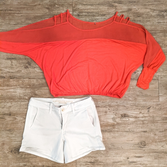 bebe Tops - BEBE + AEO Open Shoulder Top & Stretch White Short